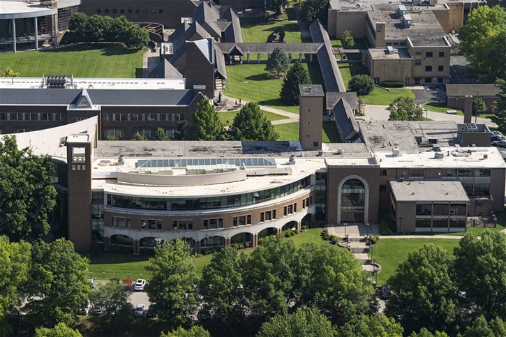An aerial view of the Bellarmine University campus, showing campus buildings and the quad.