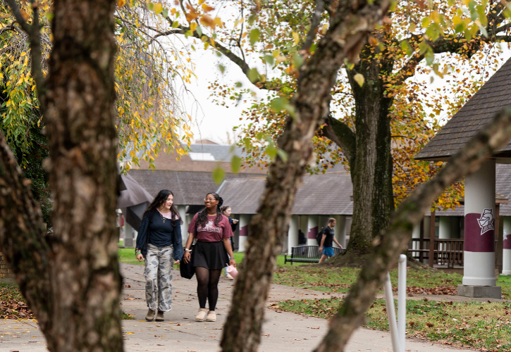 Two people walking in the quad