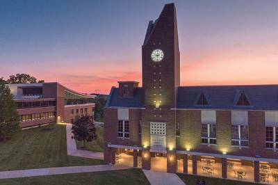 Aerial view of the library at twilight