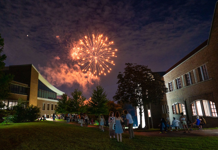 Fireworks over campus buildings