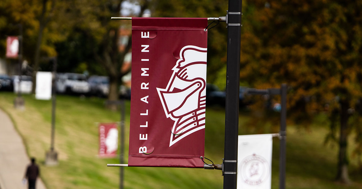 bellarmine banner on a pole.