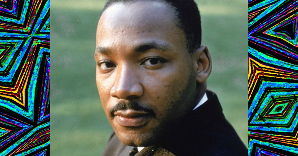 martin luther king close up, with a psychedelic pattern framing the picture.